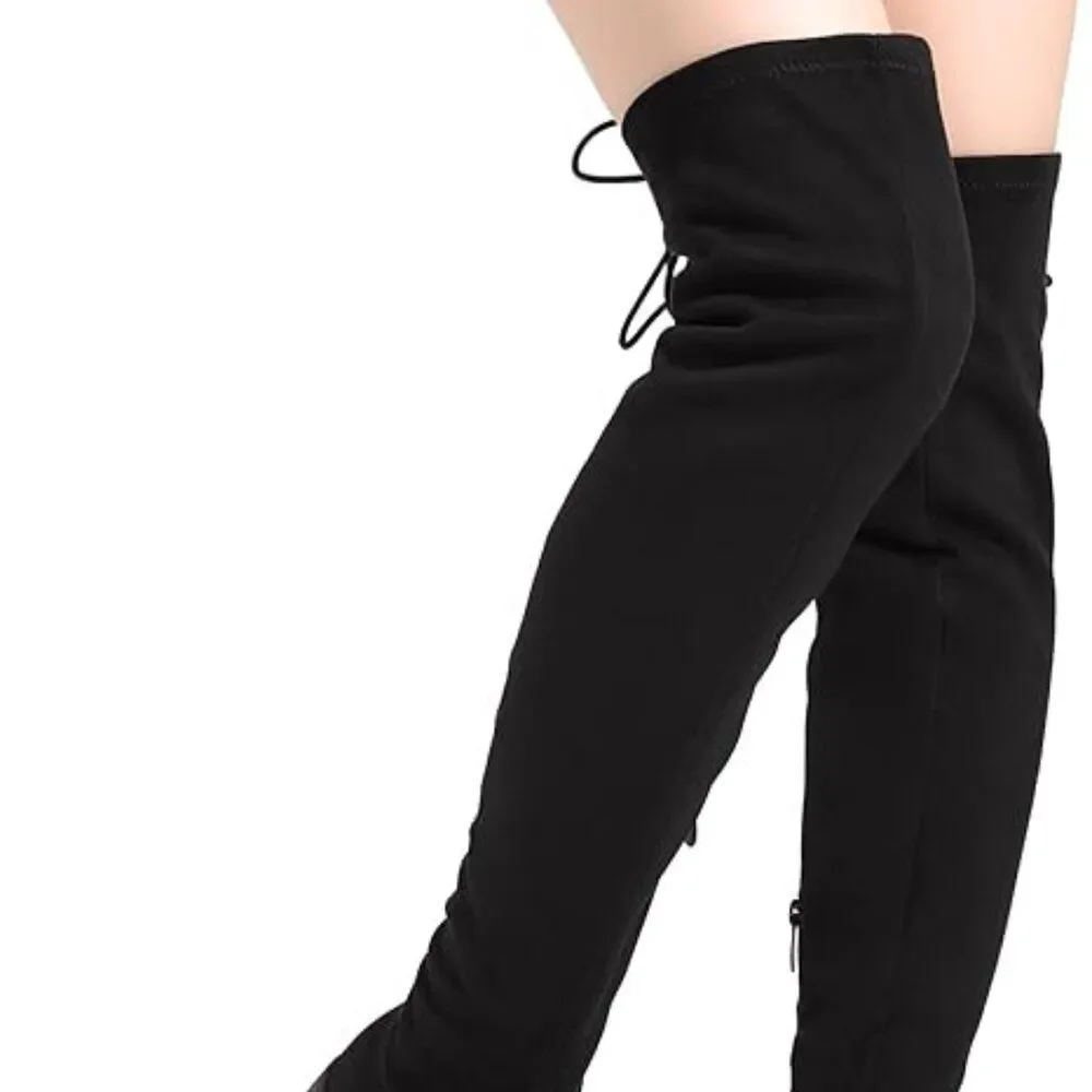 Y2K Thigh High Suede Riding Boots Lace Up Pull-On Black 1.5-inch heel